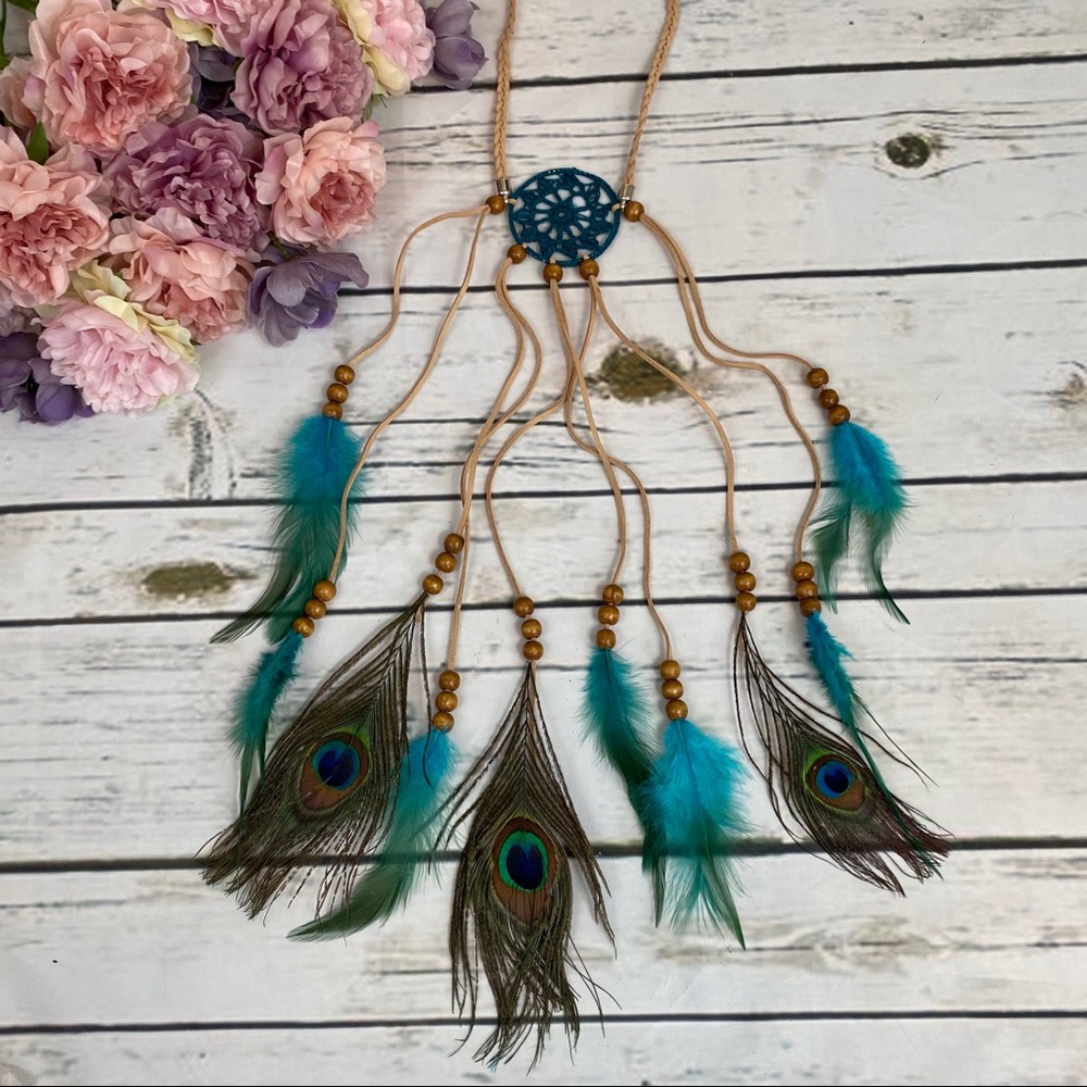 Boho Peacock & Blue Feather Dreamcatcher Headdress - Picture 6 of 11